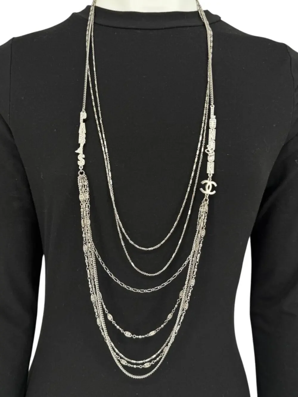 Chanel Silver Multi-Strand “Paris London” Crystal Chain Necklace